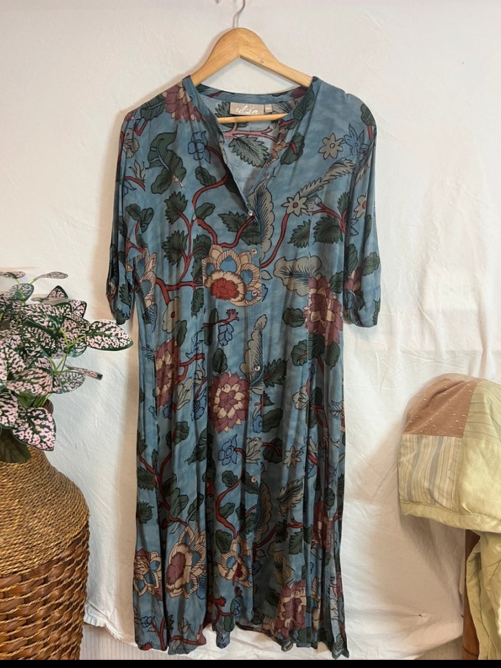 UTSA XXL Blue Floral Boho Midi Maxi Dress 3/4 Sleeve Button Front